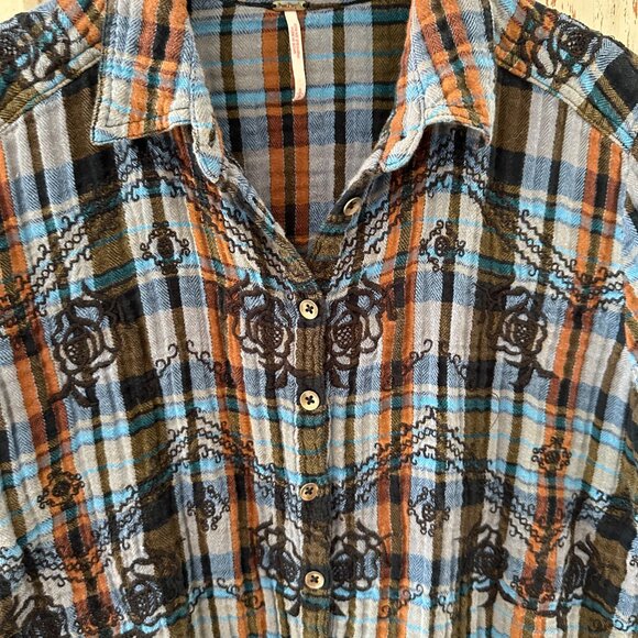 Free People Magical Plaid Embroidered Button Down Plaid Shirt - Blue and Brown - Picture 4 of 8
